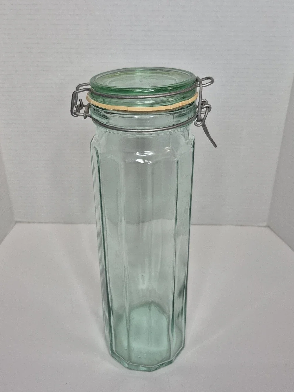 Vintage Vetreria Ettrusca Paneled Green Glass Jar Spaghetti Jar Italy 13in Tall